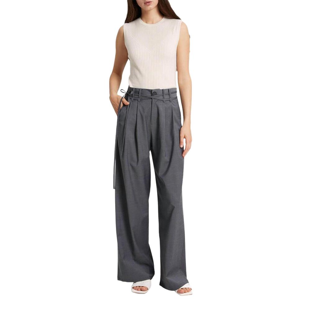 NEW GENTLE HERD wide-leg belted wool-blend trousers in smoke